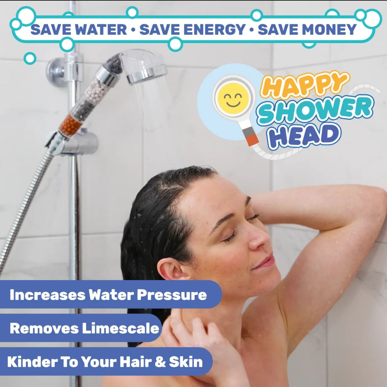 Happy Shower Head -Pure Shower - Water-Saving Filtering Shower head with Micro-Jets and Purifying Beads